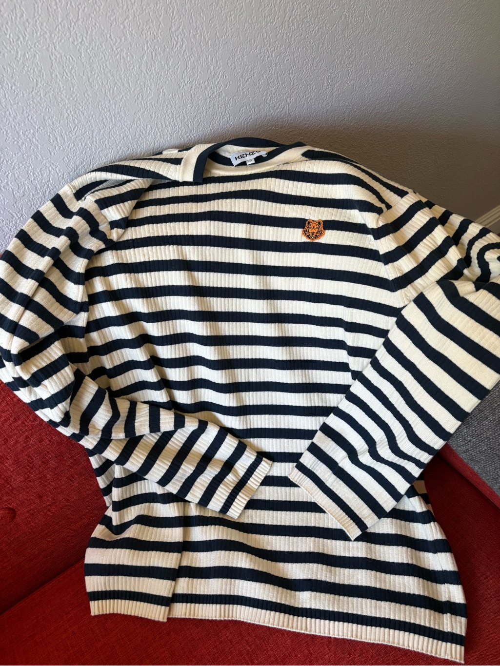 Kenzo Men’s Sweater Medium Navy Cream Striped Tiger Logo Knit Crewneck Pullover